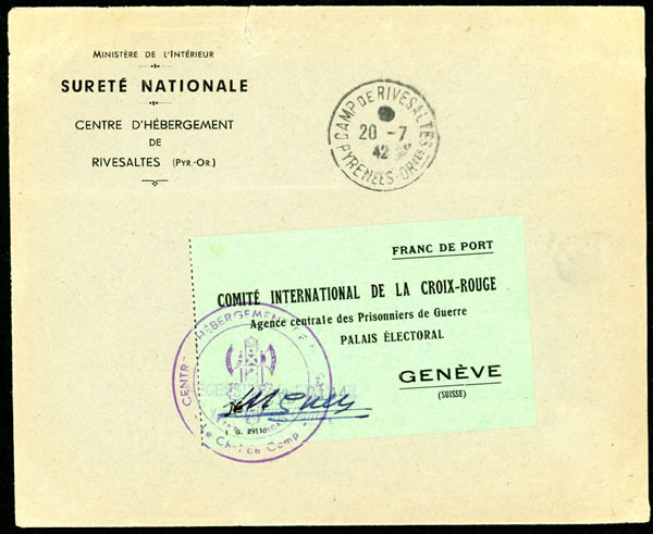 Lettre officielle du Camp de Rivesaltes pour Genève 1942