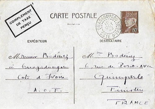 Carte interzones Pétain avec complément d'affranchissement perçu Côte d'Ivoire