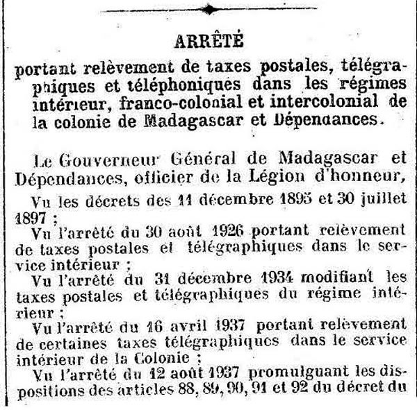 Tarif interieur et francocolonial madagascar 10/02/1942