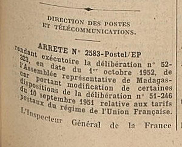 Tarif Union française octobre 1952