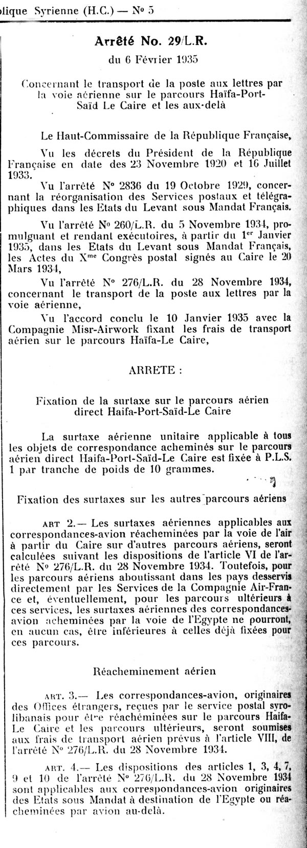 Surtaxes aériennes Haifa Port-Said au départ du Levant français 6/2/35