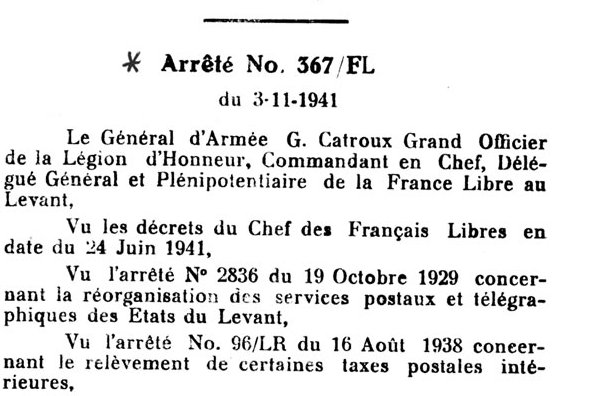 Tarif postal intérieur et franco-colonial au départ du Levant novembre 1941