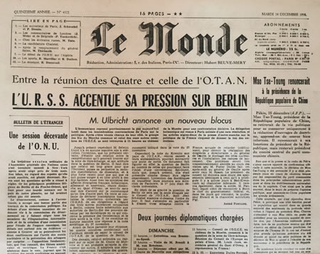 Journal le Monde décembre 1958 nouvelle crise à Berlin
