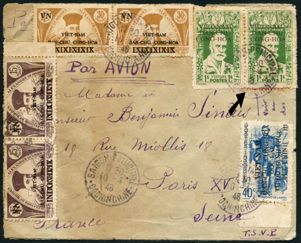 Lettre de Hué pour la France affranchie de timbres Viet-Minh avril 1946