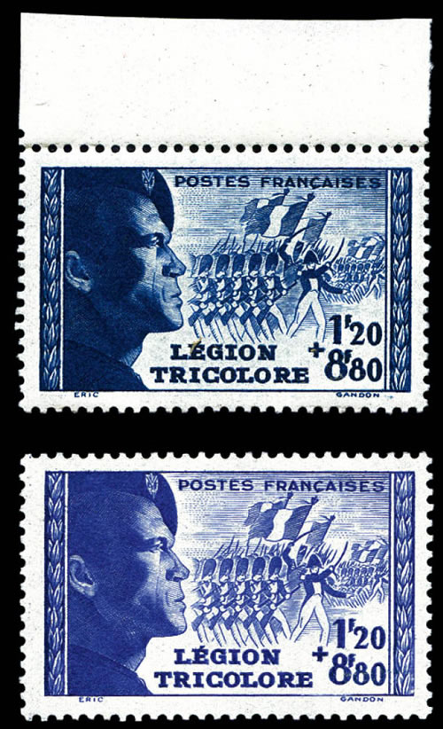 Les deux nuances du timbre bleu de la Légion tricolore