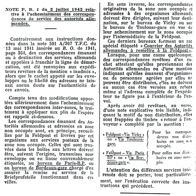 Note sur l'acheminement du courrier allemand 2 juillet 1942