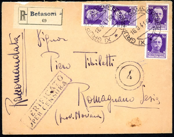 Lettre recommandée de la base italienne de Bordeaux 1941