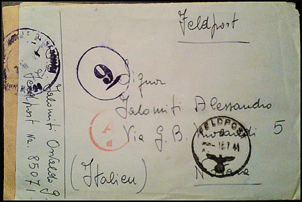 Lettre de la base italienne de Bordeaux avec numéro de feldpost 85071