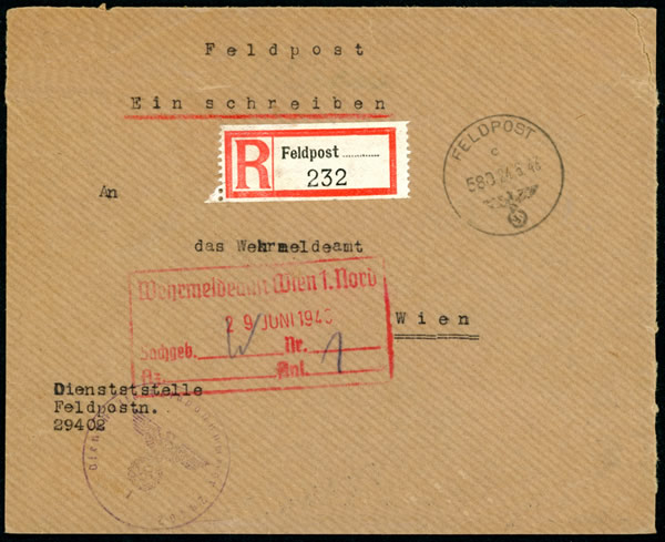 Lettre recommandée de  Nantes pour Wien avec cachet du bureau de la Feldpost 580
