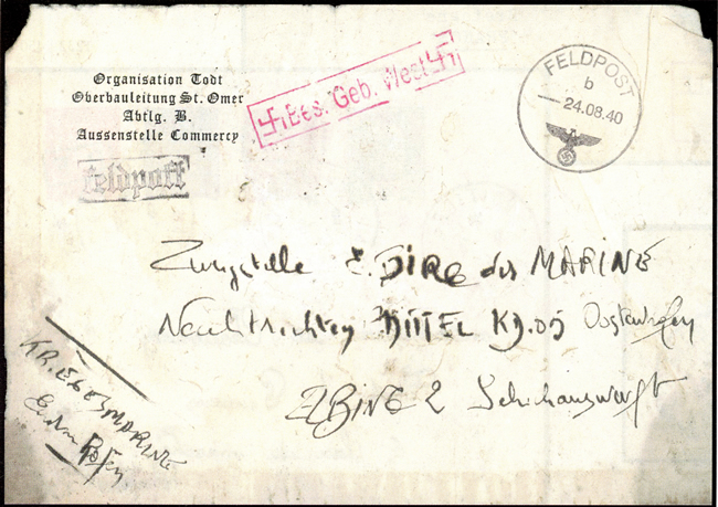 Lettre de l'Organisation Todt à Saint-Omer août 1940