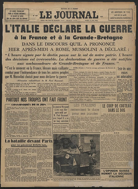 Declaration de guerre par l'Italie