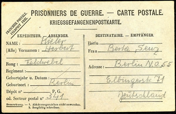 Carte de prisonnier de guerre pour Allemands 1940