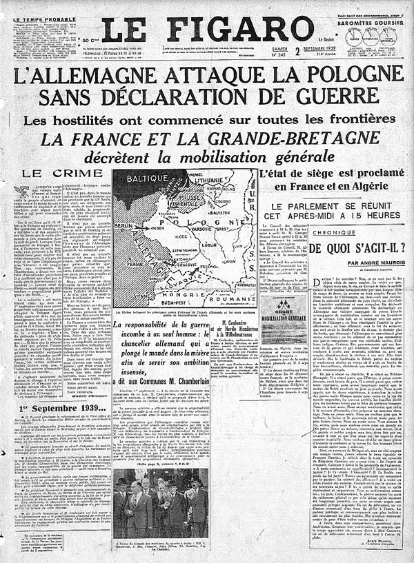 La Une du Figaro sur l'attaque de la Pologne par Hitler.