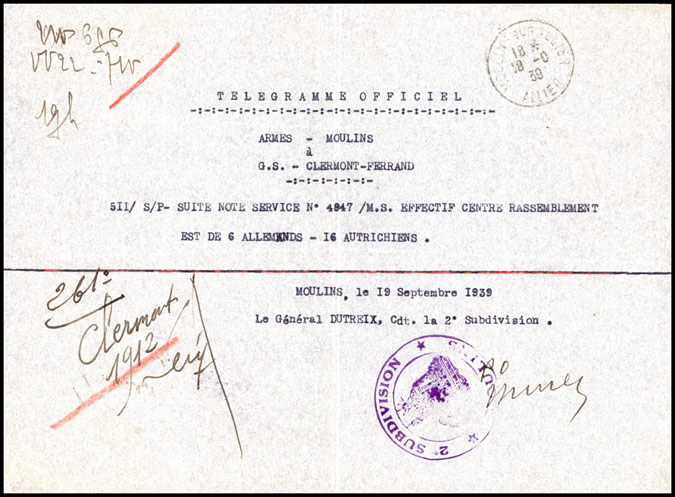 Télégramme donnant le nombre d'internés allemands et autrichiens