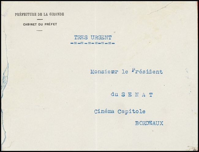 Lettre envoyée au Président du Sénat lors de son  court séjour à Bordeaux