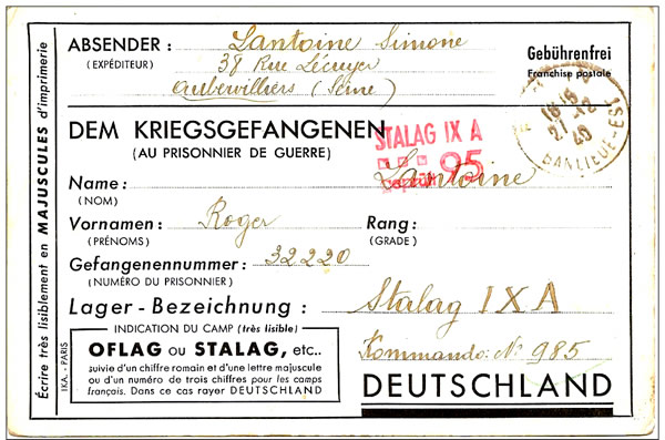 Carte-postale pré-imprimée à destination des prisonniers de guerre fin 1940