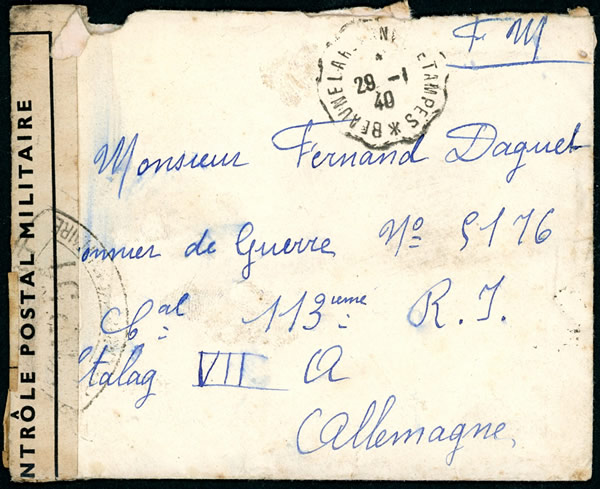 Lettre prisonniers de guerre janvier 1940