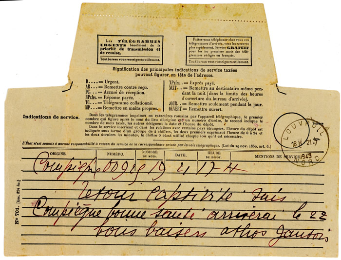 Télégramme envoyé  de Compiègne par un prisonnier qui vient d'être libéré au titre de la relève
