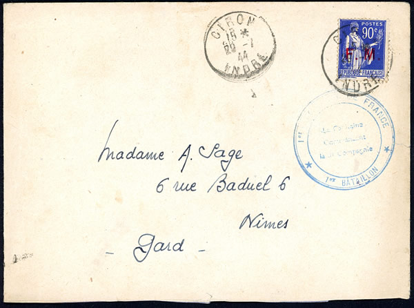Lettre en franchise avec timbre FM du 1er Régiment de France 1er bataillon