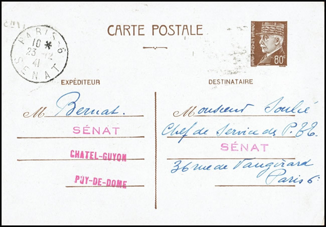 Entier postal Pétain à 80c  envoyée depuis Chatel-Guyon pour le Sénat à Paris 1941