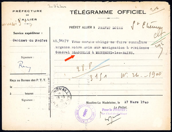 Assignation à Résidence du général Boisselle commandant militaire de la garde du maréchal Pétain