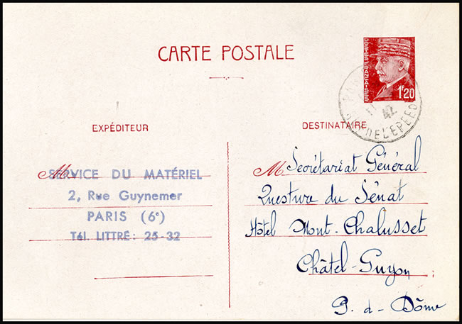 Entier postal à 1F20 Pétain envoyé par le service du métériel du Sénat à Paris pour la Questure du  Sénat à Chatel-Guyon 1942