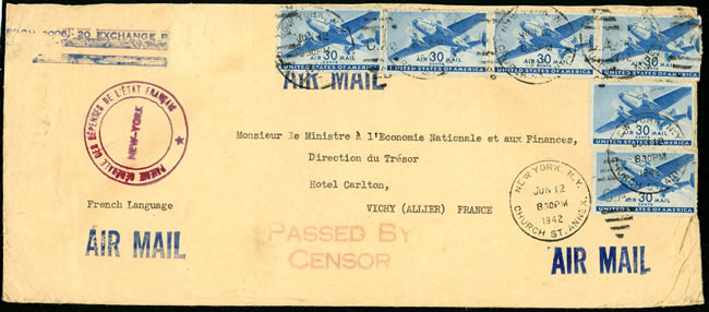 Lettre de la representation de l'Etat français à New-York 1942