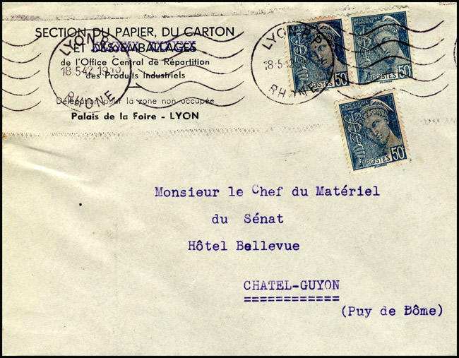 Lettre de Lyon pour le Sénat à Chatel-Guyon 1942