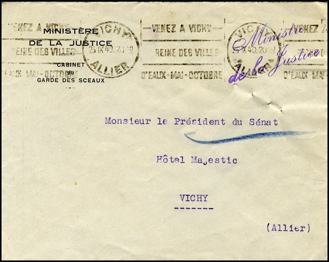 Lettre du Ministre de la Justice pour le Président du sénat à Vichy 25/9/40 