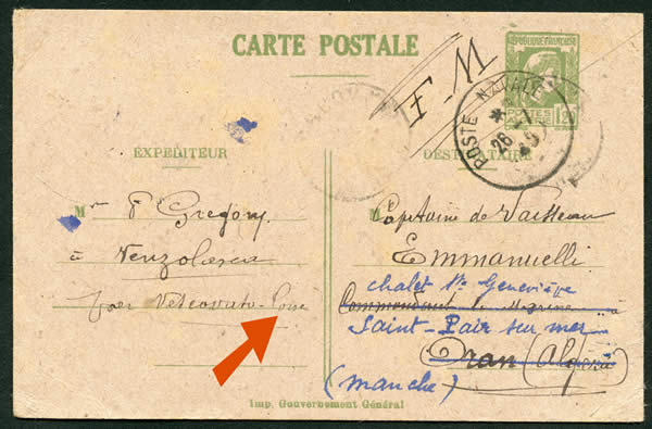 Entier postal Marianne de Fernez d'Algérie utilisé en Corse