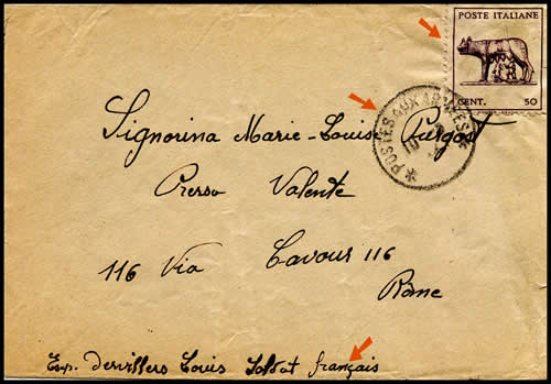 Lettre locale avec timbre italien oblitérée Poste aux Armées