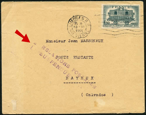 Lettre de Limoges pour Bayeux, retournée à l'envoyeur à cause du débarquement