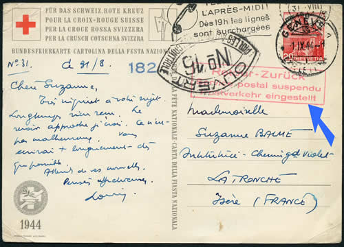 Courrier de Suisse pour l'Isère avec griffe service postal suspendu.