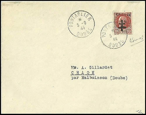 timbres surchargés à Pontarlier sur lettre