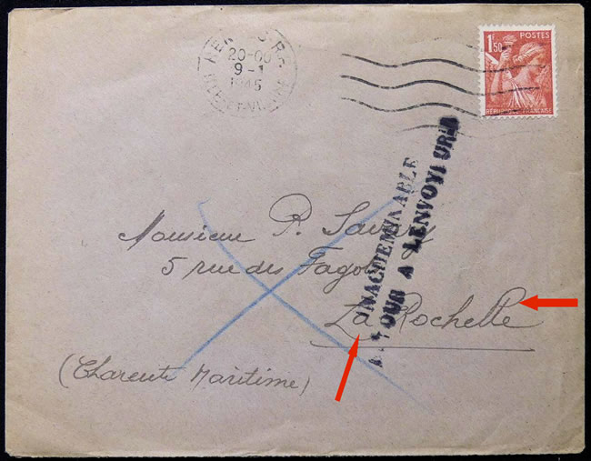 Lettre de Rennes pour la Rochelle refoulée janvier 1945