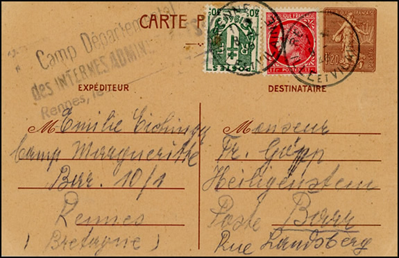 Entier carte postale Semeuse 1F20  avec cachet internés administratifs de Rennes