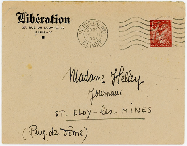 Lettre à entête du Journal Libération novembre 1945