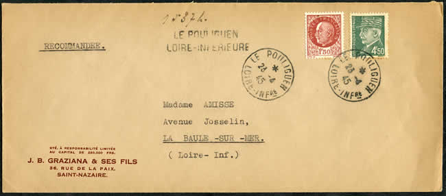 Lettre recommandée commerciale affranchie en timbres Pétain