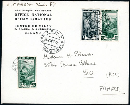 Lettre de 1952 de la branche italienne de l'Office nationale d'Immigartion