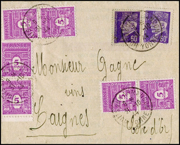 Lettre affranchie avec timbres Pétain et timbres Arc de triomphe dernier jour