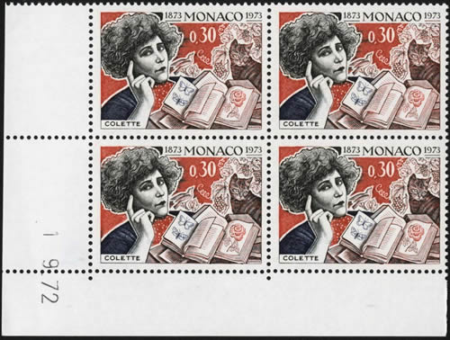 Bloc de 4 du timbre Colette émis pour le centenaire de sa naissance à Monaco