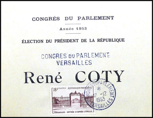 Bulletin de vote au nom de René Coty oblitéré du premier jour du congrès