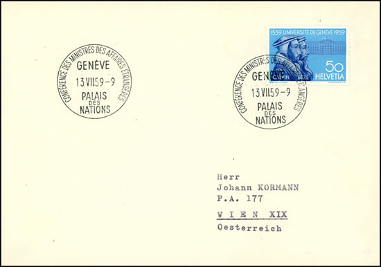 Oblitération Palais des Nations 2ème partie de la Conférence de Genève juillet 1959