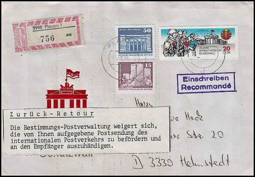 Lettre avec timbre du Mur de berlin retournée à l'envoyeur