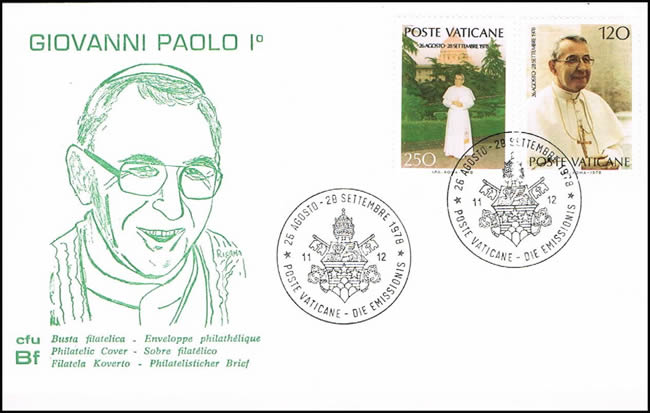 FDC des timbres du Vatican consacrés à l'éphémère pape Jean Paul 1er