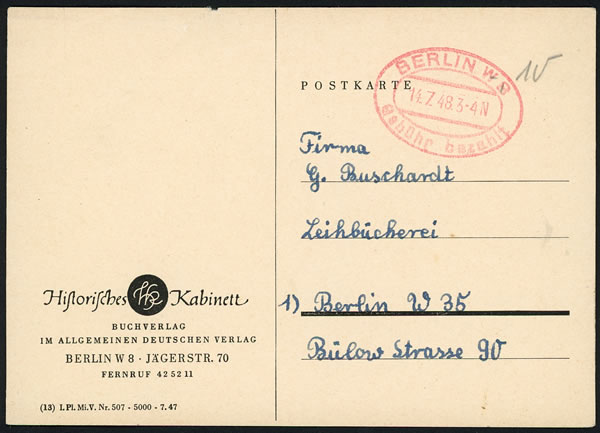 Marque de port payé de Berlin-Est vers Berlin-Ouest- Juillet 1948