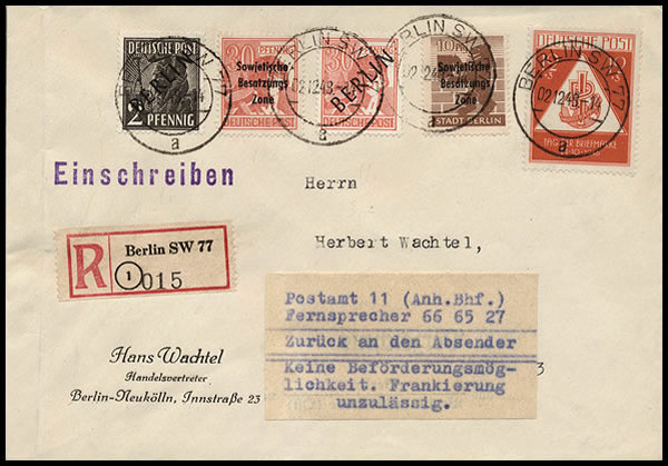 lettre pour le pont aérien refoulée car affranchie en timbres de l'Est