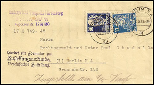 Lettre d'un tribunal de Berlin-Ouest postée à l'Est