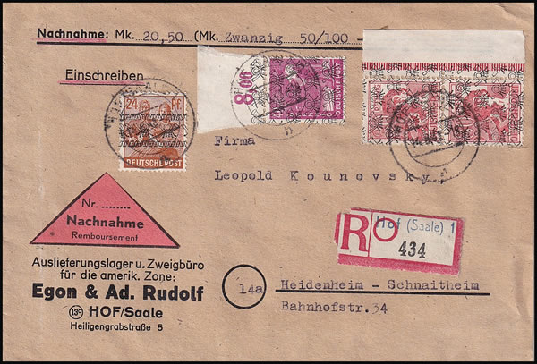 Lettre recommandée contre remboursement avec timbres surchargés 1948