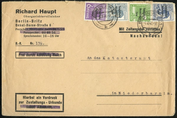 Lettre de Berlin-Ouest pour xxxx affranchie uniquement en timbres de l'est à 108 O-Pf (lettre double interprovince + 60 avis de réception) oblitérée 